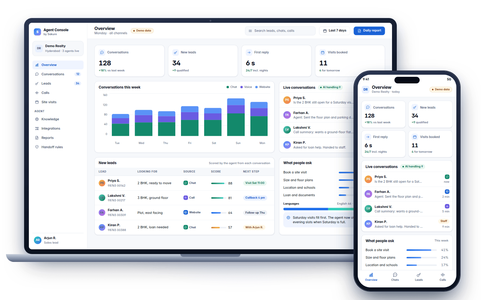 Demo screens: AI agent dashboard with conversations, leads and analytics (demo data)