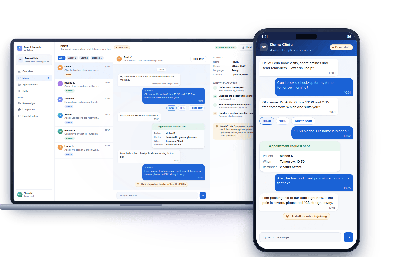 Demo screens: an AI agent chat flow, staff inbox and customer phone view (demo data)