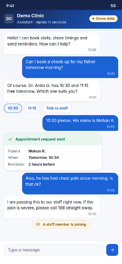Demo screen: a WhatsApp-style chat with an AI agent (demo data)