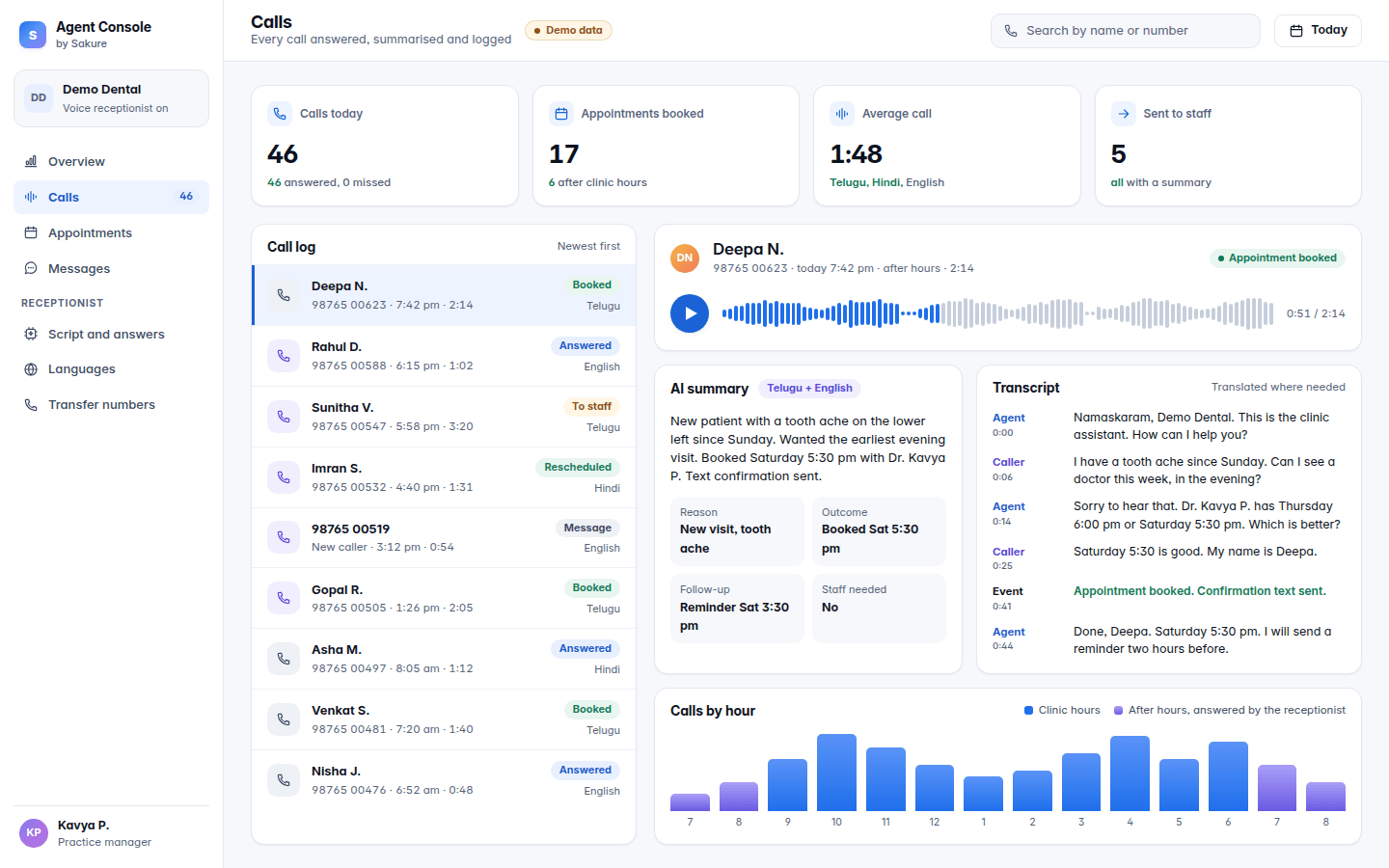 Demo screen: voice receptionist call log with an AI summary and transcript (demo data)