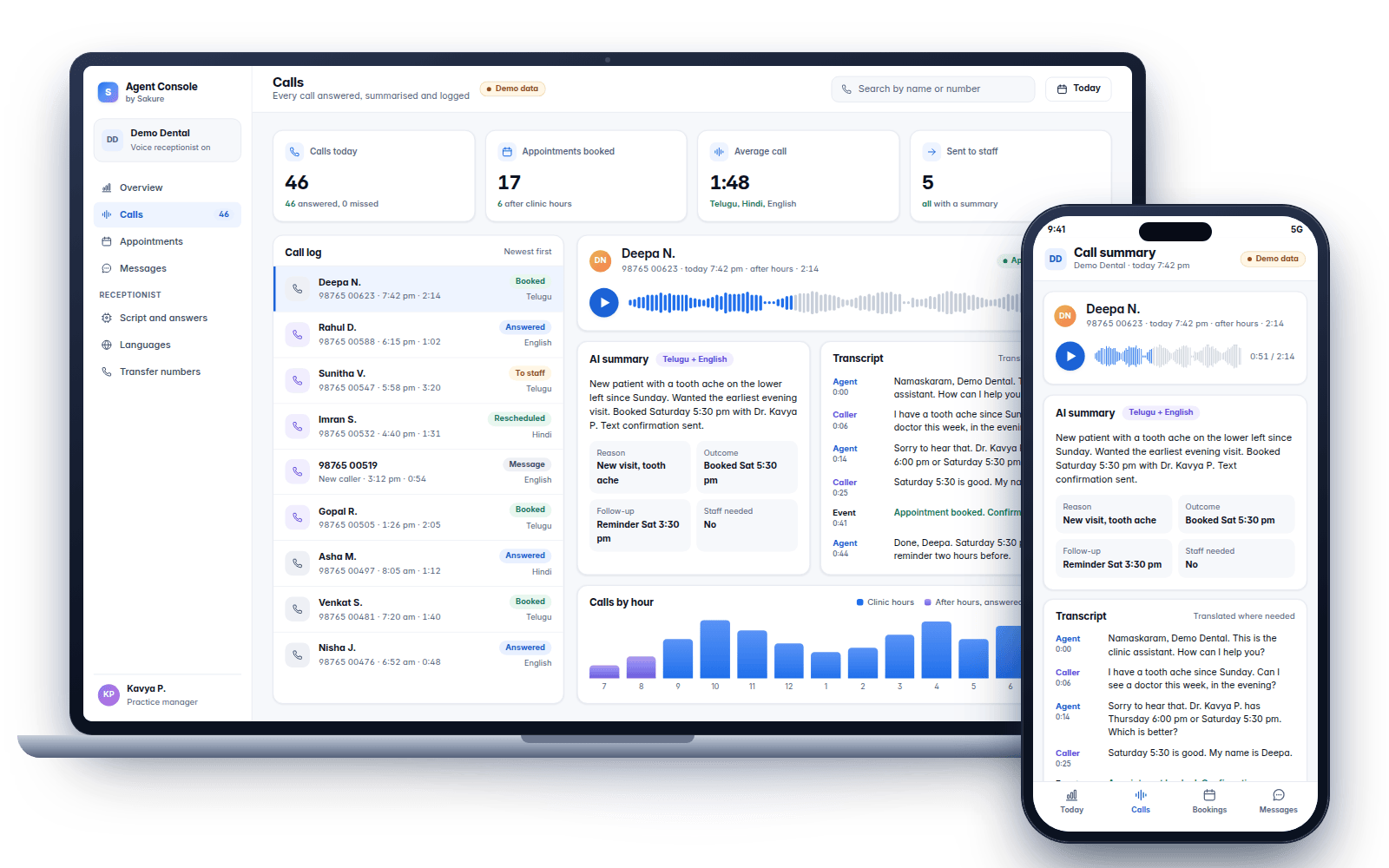 Demo screens: voice receptionist call log, recording, AI summary and transcript at Demo Dental (demo data)