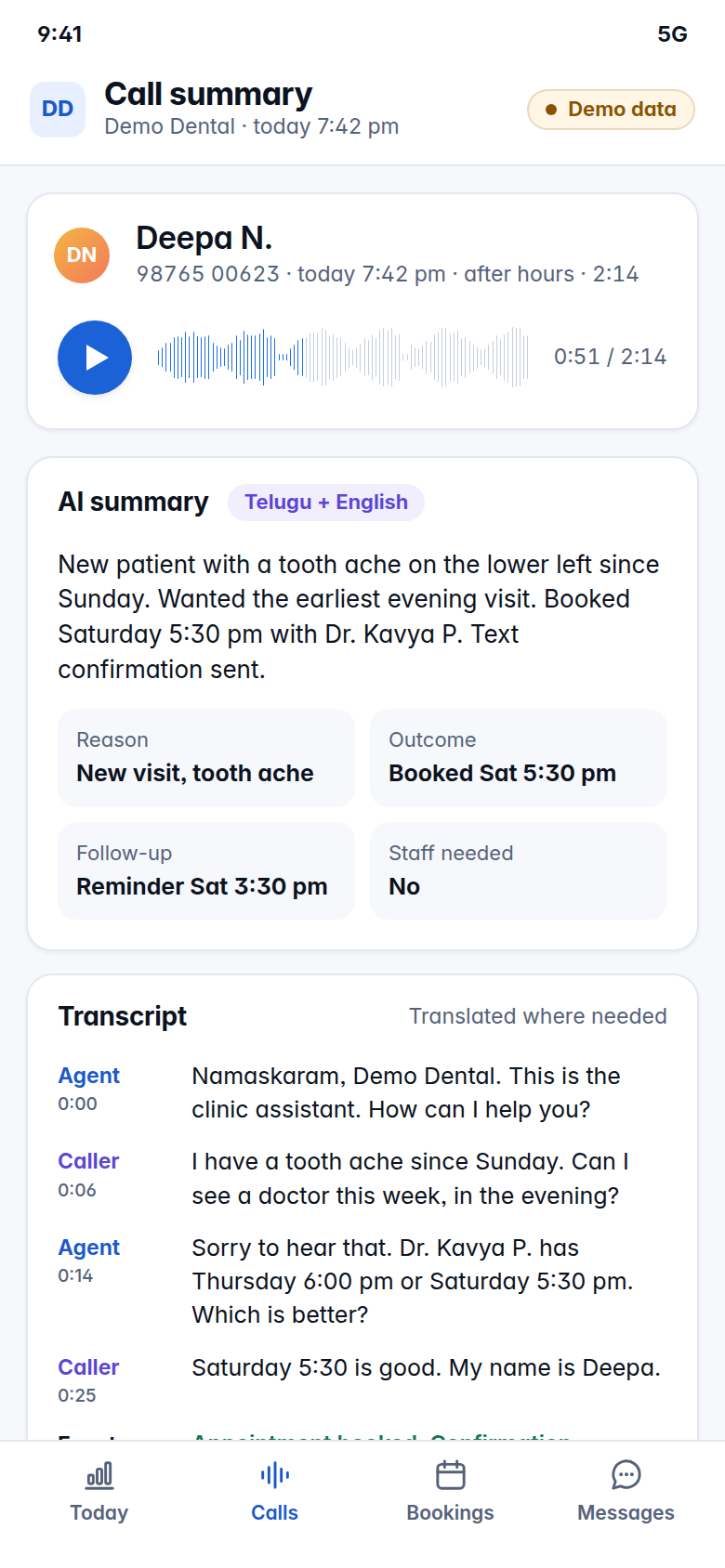 Demo screen: a call summary and transcript on a phone (demo data)