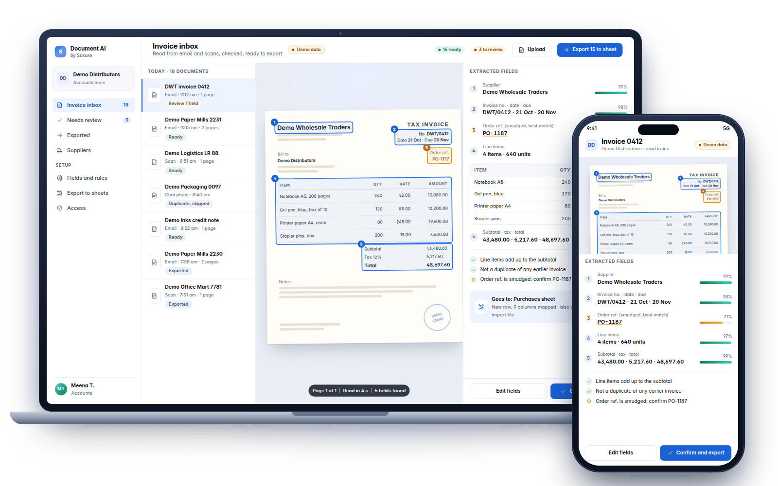 Demo screens: invoice extraction with fields, checks and a review step for Demo Distributors (demo data)