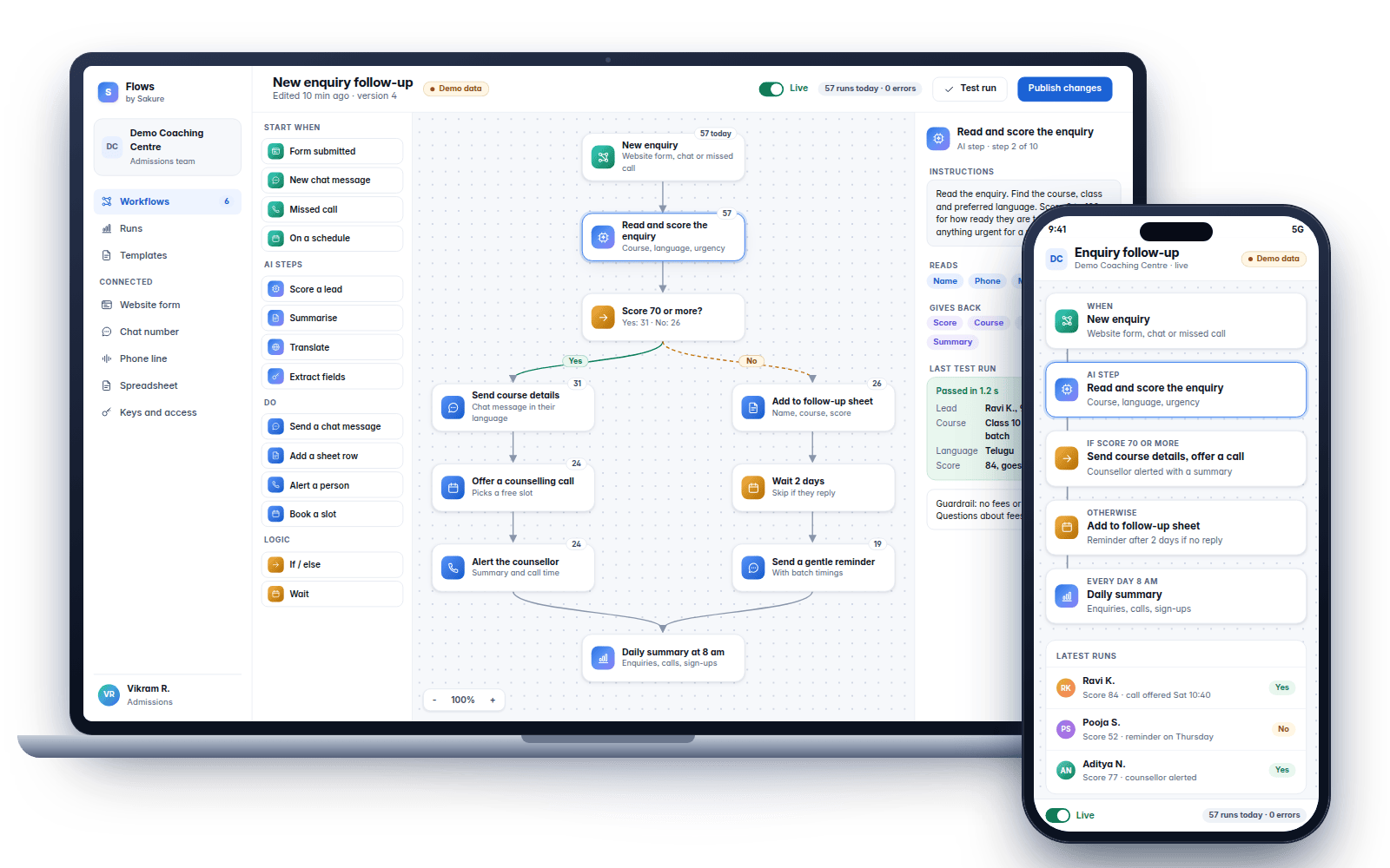 Demo screens: a workflow builder with an enquiry follow-up flow (demo data)