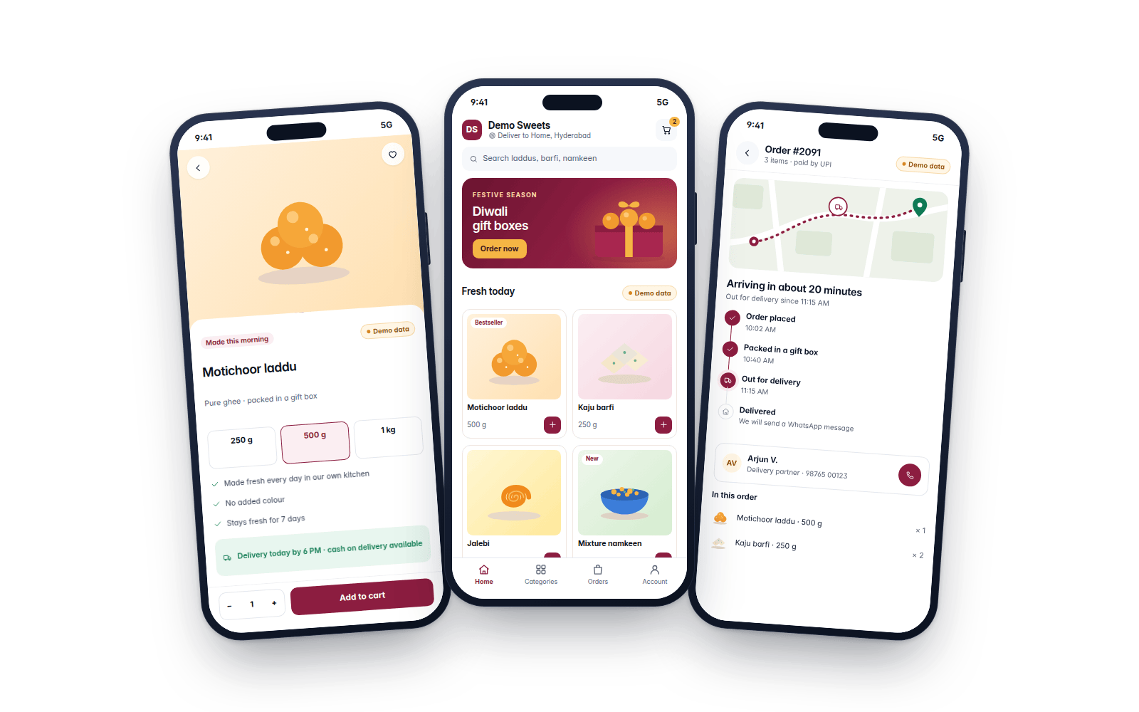 Demo screens: the Sakure Commerce shopping app on three phones for Demo Sweets (demo data)