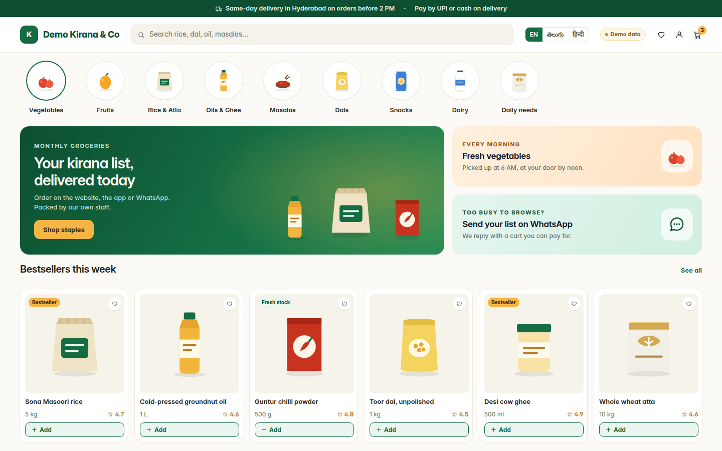 Demo screen: a Sakure Commerce shop storefront for Demo Kirana and Co (demo data)