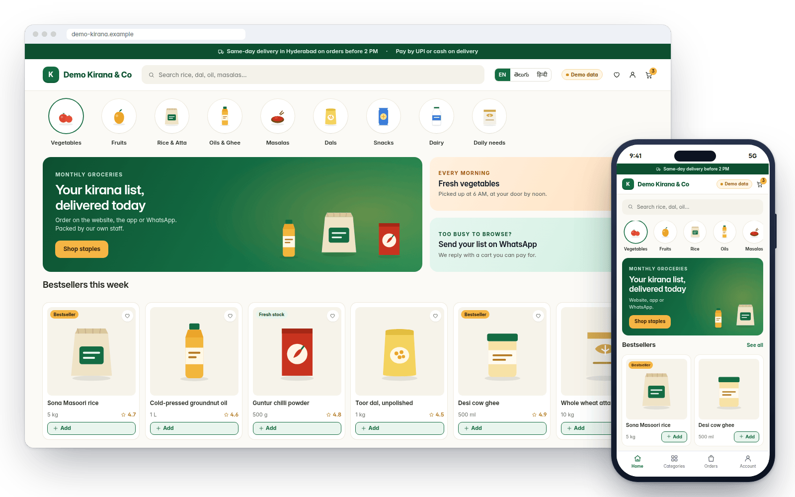 Demo screens: a Sakure Commerce shop storefront on a laptop and a phone (demo data)