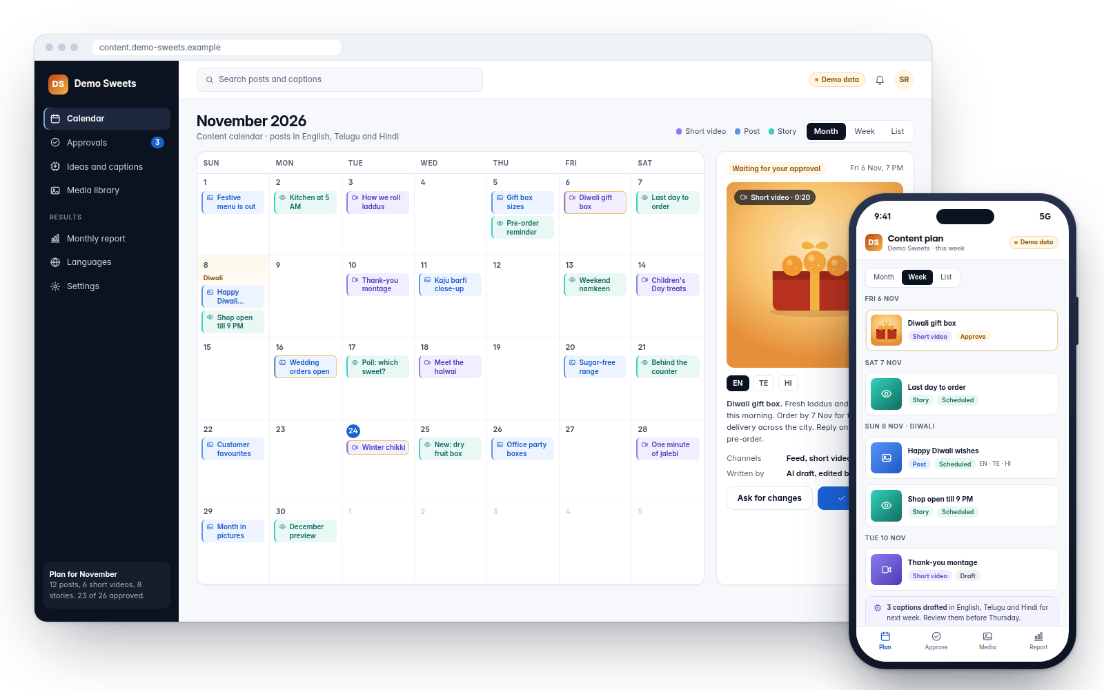Demo screens: a monthly social content calendar with approvals for Demo Sweets (demo data)