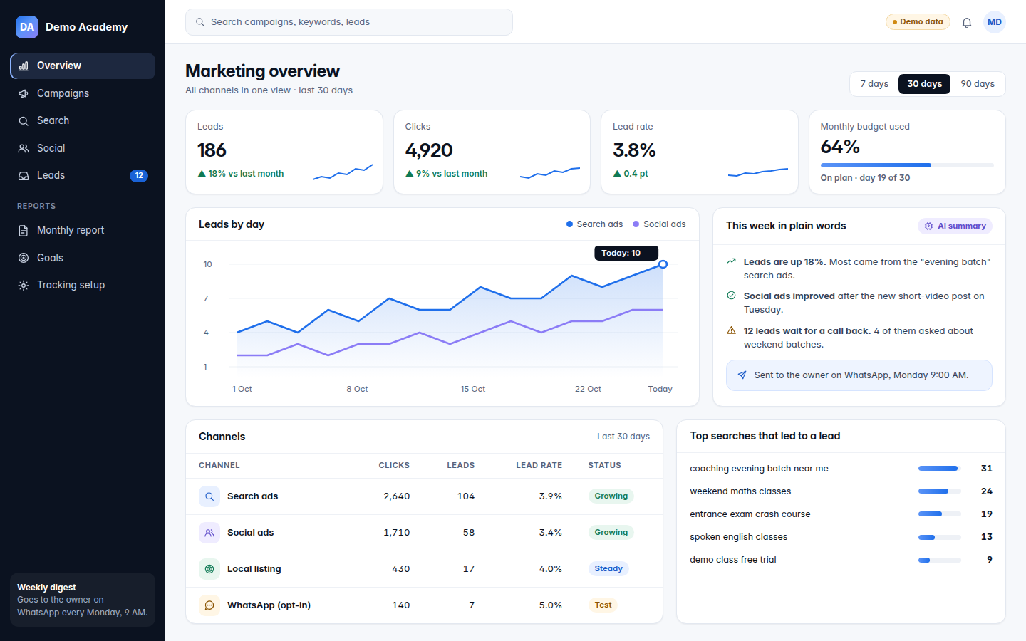 Demo screen: a marketing dashboard with search ads, social ads, enquiries and a monthly summary (demo data)